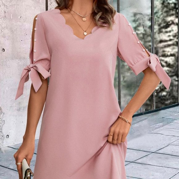 . Dresses & Skirts - Pink Casual Womens Pearls Beaded Scallop Trim Knot Cuff Tunic Dress